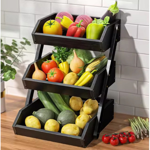 Solid Wood <b>Storage</b> Rack 3 Tier Black <b>Kitchen</b> Food Organizer Freshness Preservation - Product Image 1