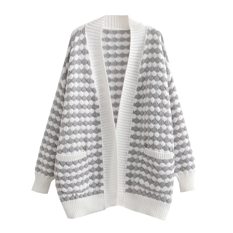 Gray and white color v neck open stitch long sleeve casual fashion women cardigan sweater