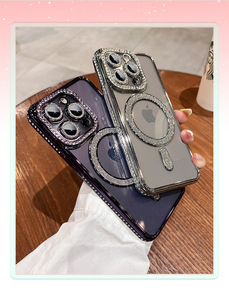 Nouveau étui de téléphone transparent magnétique de galvanoplastie pour <span class=keywords><strong>iPhone</strong></span> 11 <span class=keywords><strong>12</strong></span> 13 14 15 promax accessoires de téléphone de frontière de strass de luxe - Product Image 2