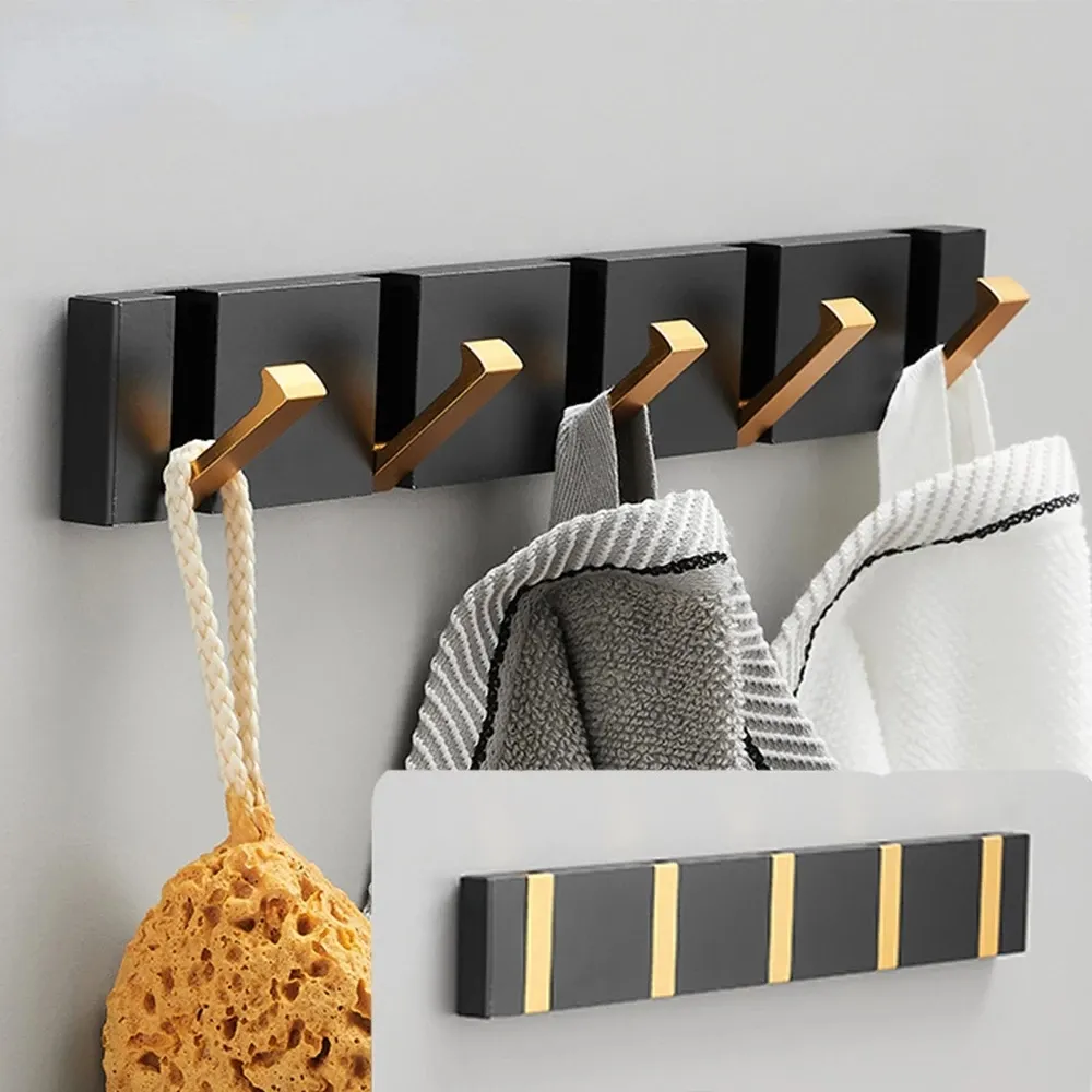 Folding Towel Hanger 2ways Installation Wall Hooks Coat Clothes Holder for Bathroom Kitchen Bedroom Hallway Black Gold