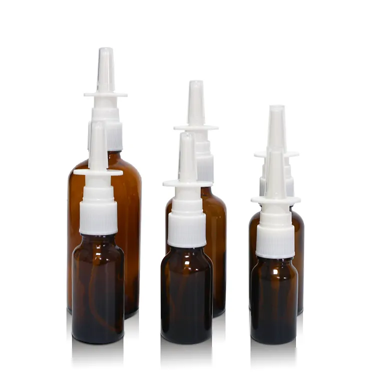 Botol kaca Amber 10ml 15ml 20ml 30ml 50ml 100ml dengan plastik putih hitam botol semprot hidung kabut halus untuk nosel medis hidung