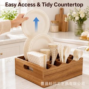 Boîte de rangement en bois pour couverts, organisateur de comptoir de cuisine avec compartiments pour ustensiles, assiettes et tasses - Product Image 3