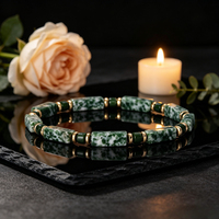 Bracelet vintage en pierre de jaspe verte, perles tubulaires, bracelet extensible en cristal, bracelet en pierre naturelle de jaspe verte, bracelet barillet