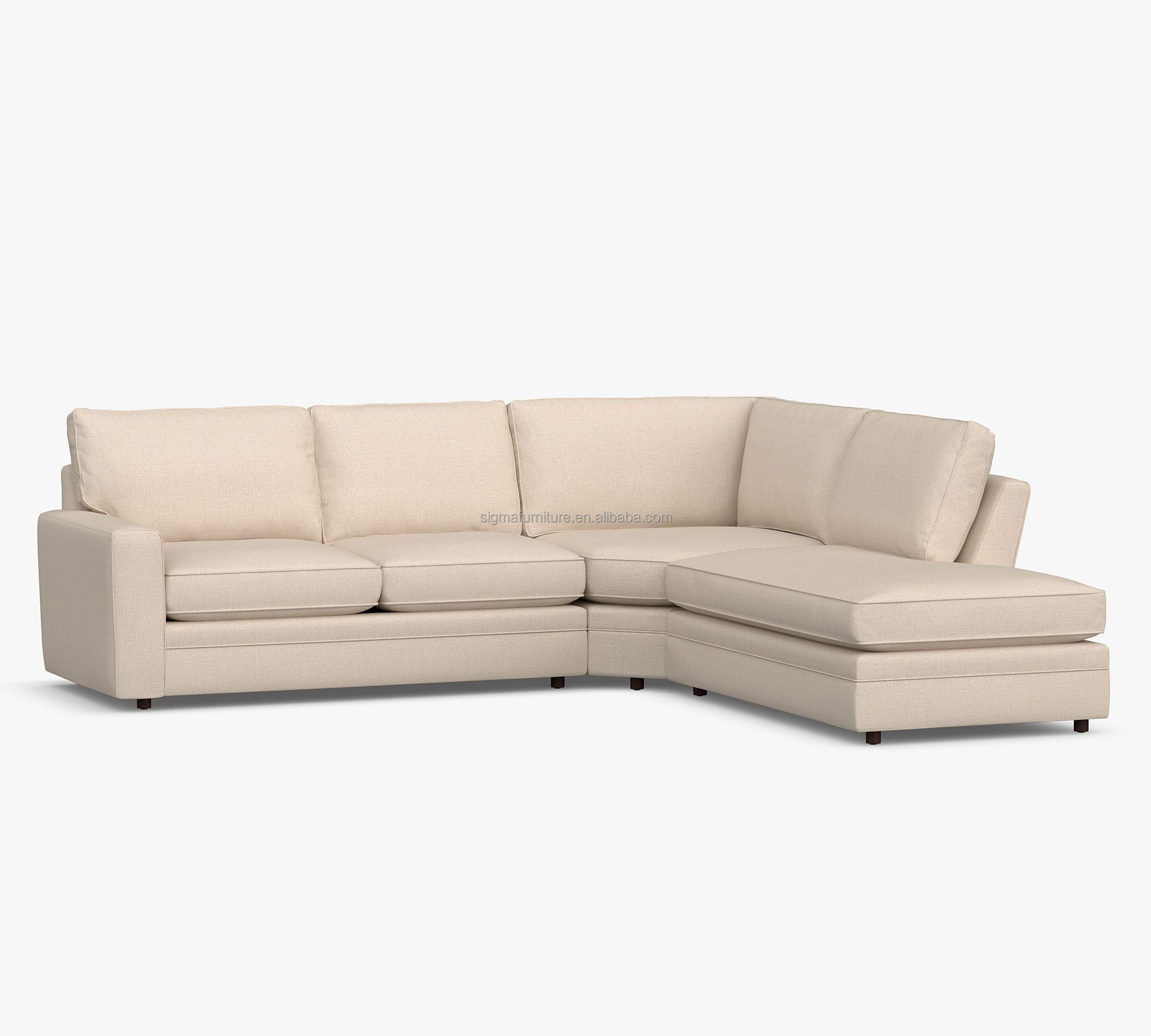 Luxury living room square arm upholstered 3-piece bumper sectional sofa set