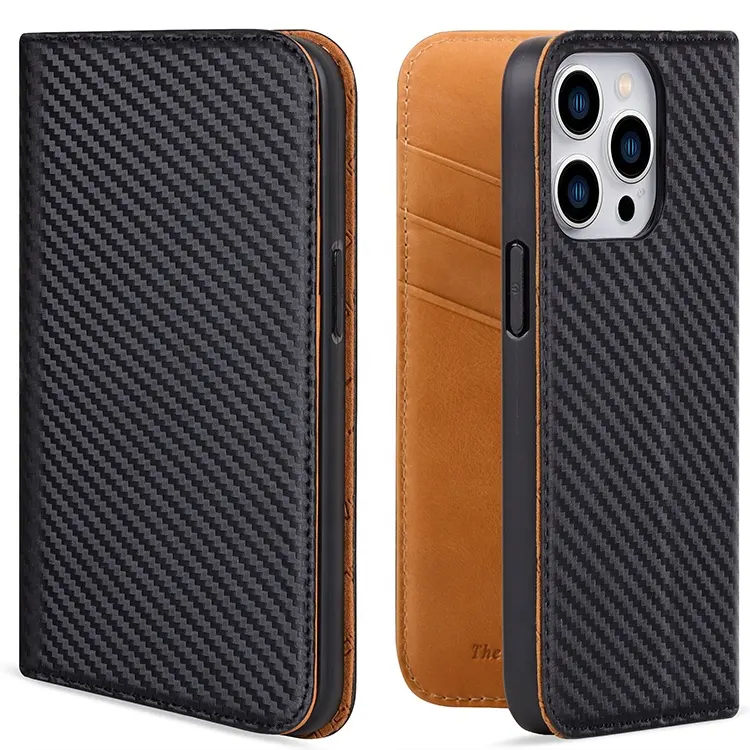 Carbon Fiber Leather Magnetic Wallet Case for iPhone 15 Pro Wireless Charging Support