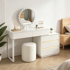 Moderno Set de Tocador Blanco con Espejo Redondo e Iluminación LED, Mesa de Maquillaje para Dormitorio con Cajones de Almacenamiento y Taburete - Product Image 5