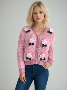 Knit <strong>Cardigan</strong> Women Fuzzy <strong>White</strong> 3D Crochet Rose V Neck Button Down Cropped Long Sleeve Soft Cozy Cute Fall Wholesale for <strong>Ladies</strong> - Product Image 3