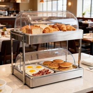 Station de maintien au chaud des aliments en acier inoxydable à double paroi avec couvercle transparent pour hôtels et restaurants - Product Image 1