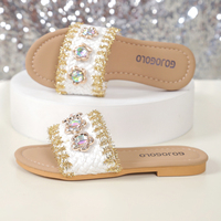 Chaussons plats pour filles, mode estivale, élégance, bord brut doré, design de fleurs en cristal scintillant, pantoufles pour enfants