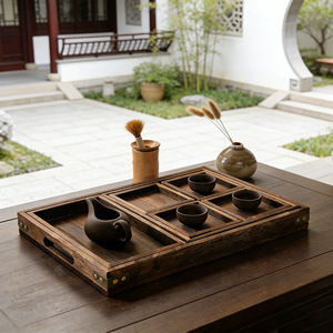 Wooden multi-compartment <b>tea</b> <b>tray</b> with handle, suitable for home use, restaurant, or <b>tea</b> brewing, simple Chinese style solid - Product Image 5