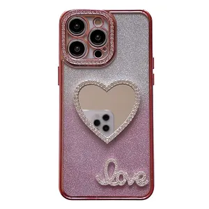 Designer New Arrivals Set Diamonds TPU Shockproof With Glass Cosmetic Mirror Phone Case For iPhone 14 Plus 11 12 13 15 ProMax