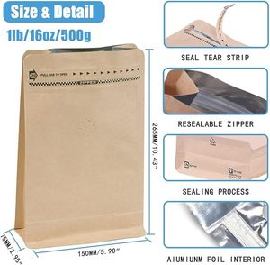 Sacs à café kraft en feuille d'aluminium à haute barrière Pochettes à fond plat Sacs de stockage des aliments avec fermeture à glissière à valve - Product Image 4