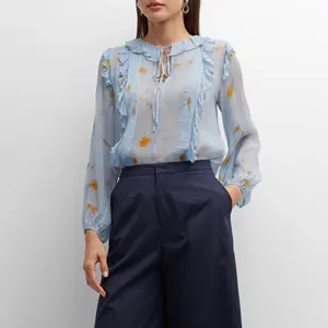 Custom Women's Floral Print Blouse Keyhole Ruffle Semi Sheer Blouse Pleated Elegant Chiffon Shirt for Ladies