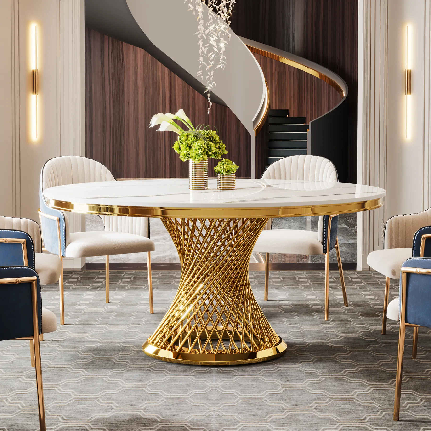 Tribevigns, итальянские столы из нержавеющей стали с золотыми ножками, современный стол с круглыми спеченными каменными пластинами