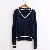 Pull en tricot torsadé style preppy pour femme, col en V, bordure côtelée contrastée, manches longues, pull d'automne/hiver
