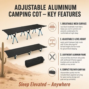 Lit de camping pliable portable en alliage d'aluminium et tissu Oxford respirant avec sac de rangement pour voyages en plein air - Product Image 3