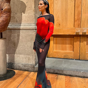 Vestido largo con cuello redondo y estampado de estilo europeo y americano, de manga larga y capa transparente, ideal para discoteca. - Product Image 2