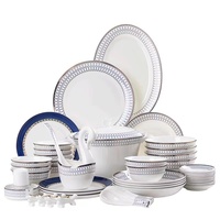 Service de table haut de gamme en porcelaine bleue avec bordure dorée, 47 pièces