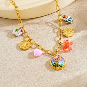 Vintage Enamel Floral Jewelry <b>Set</b> Gold Plated Necklace And <b>Bracelet</b> For Women With Rose And Butterfly Charms - Product Image 2