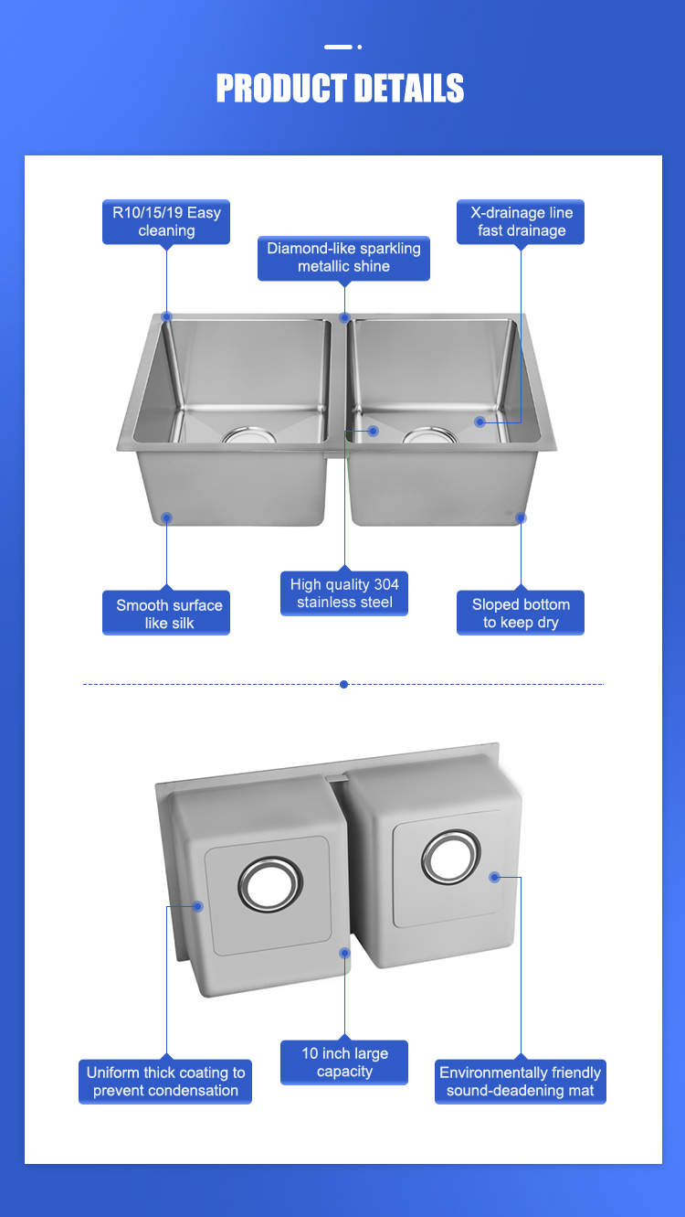 Nhà Máy Trực Tiếp Undermount Bát ĐôI Làm Bằng Tay Bồn Rửa Nhà Bếp Bằng Thép Không Gỉ