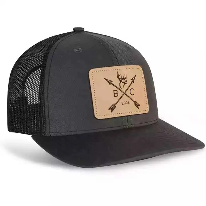 Topi bisbol trucker jala hitam logo kulit asli kustom desain baru
