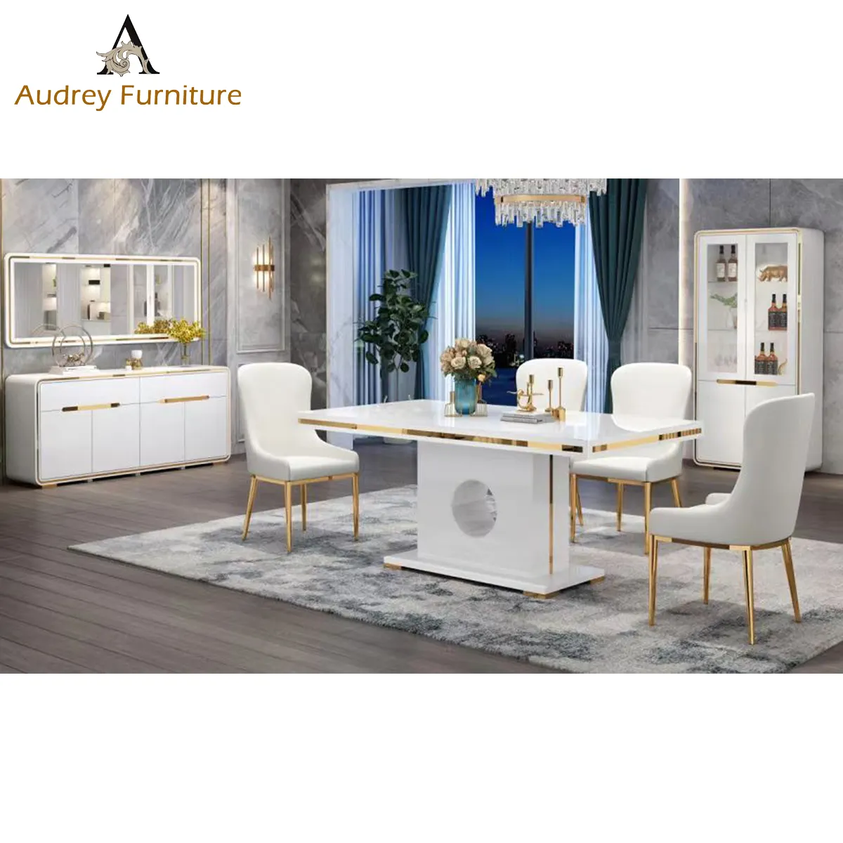 Audrey Gold Stainless Steel Dining Table Hotel Restaurant White Top Dining Table