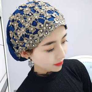 Precioso pañuelo para la cabeza elástico y transpirable para mujer, bordado con cuentas doradas para uso diario - Product Image 5