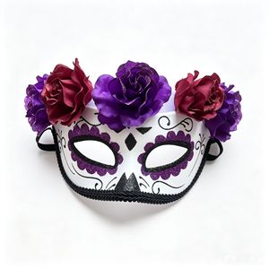 Masque gothique HLC rouge et violet avec roses, masques <span class=keywords><strong>de</strong></span> fête mexicains pour le carnaval du Dia <span class=keywords><strong>de</strong></span> Los Muertos, masque demi-visage tête <span class=keywords><strong>de</strong></span> mort en sucre pour le Jour des Morts - Product Image 6