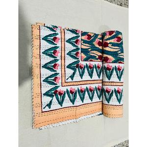 Cotton Kantha <b>Quilt</b> Bedspread With Hand Block Printed Textile Art Designed <b>For</b> Everyday <b>Bedding</b> Warmth And Elegant Interior - Product Image 2