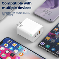 Chargeur USB-C GaN 65W en gros, charge rapide PD3.0, 2 ports, lumière LED, pour ordinateur portable, tablette, téléphone, écouteurs, chargeur de bureau