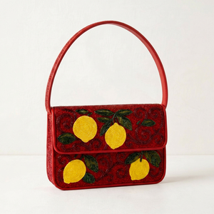 Handmade Embroidered Polyester Washable <b>Red</b> Rectangular Purse with Lemon Pattern Textile Craft - Product Image 1