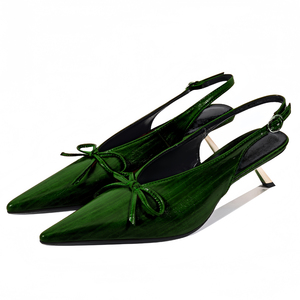 Escarpins pour femmes à talons fins dorés, à bout pointu, à découpe arrière, style slingback, avec nœud sur le devant - Product Image 4