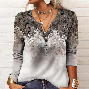 Nuovo stile da <span class=keywords><strong>donna</strong></span> t-Shirt a maniche lunghe stampata alla moda etnica con scollo profondo a V camicia ampia a maniche lunghe - Product Image 3