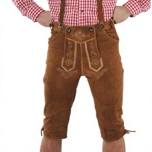 Pantalones cortos de cuero marrón para hombre con bordado, cintura media, estilo alemán, con tirantes, de secado rápido y cierre de botón. - Product Image 1
