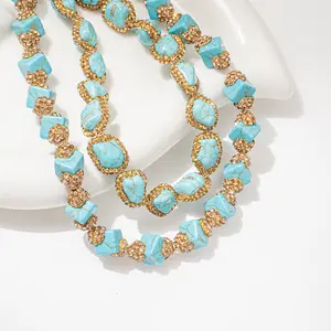 Fashion Multi Semi Finished Irregular Loose Beads Gold Plated Cooper Turquoise Stone Jewelry Necklace For Women