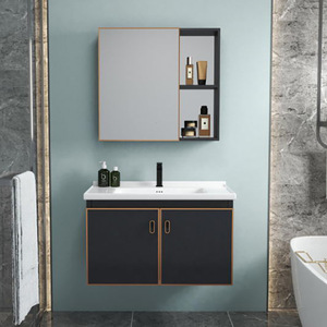 Mueble de baño nórdico moderno de aluminio gris, montado en la pared, con espejo y lavabo de cerámica de una pieza. - Product Image 3