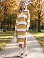 Robe pull midi en maille acrylique rayée à col polo et manches longues, coupe droite ample avec fente latérale pour femme