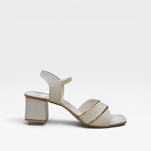 Elegant White Patent Block Heel <b>Sandals</b> Gold Trim Accent Straps Open Toe Slingback Party Wear Footwear for Women Chic - Product Image 3