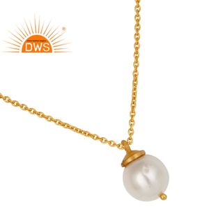 Round Pearl Set Designer Yellow Gold Plated Sterling Silver Women <b>Chain</b> Pendant Necklace Supplier Jewelry Classic Collection - Product Image 2