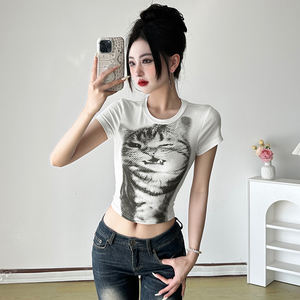 Ins American Style Cat Graphic Print Short Sleeve T <b>Shirt</b> for Women Slim Fit Crop Top Sexy Street Fashion Summer Outfit - Product Image 6