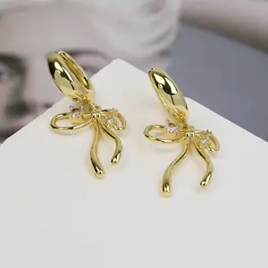 14k vàng rắn Bow Earrings với phòng thí nghiệm phát triển kim cương thanh lịch tốt Hoop thiết kế cho phụ nữ bao gồm bên thứ ba thẩm định Quà Tặng