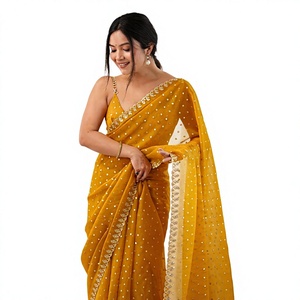 Sari traditionnel pour femme, motif Butti moutarde, bordure brodée, anti-humidité, infroissable, toutes saisons, idéal pour les mariages - Product Image 1