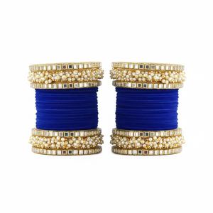 Jewelemarket 2.4" <b>Gold</b> Plated Mirror and Pearls Velvet <b>Bangle</b> <b>Set</b> 11151737BLU Color - Product Image 2