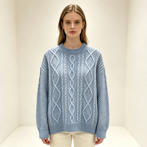 Pull en tricot torsadé pour femme, col rond, manches longues, couleur unie, tricot d'hiver - Product Image 1
