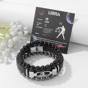 Nueva moda 8mm cuentas de hematita cierre de acero inoxidable 12 brazaletes de cuero del zodiaco conjunto para regalo de cumpleaños - Product Image 4