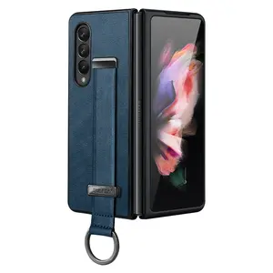 Folding Flip For Samsung Galaxy Z Fold 4 Leather Cover Portable Wristband Hand Strap Kickstand Metal Ring Fold 3 2 Phone Case