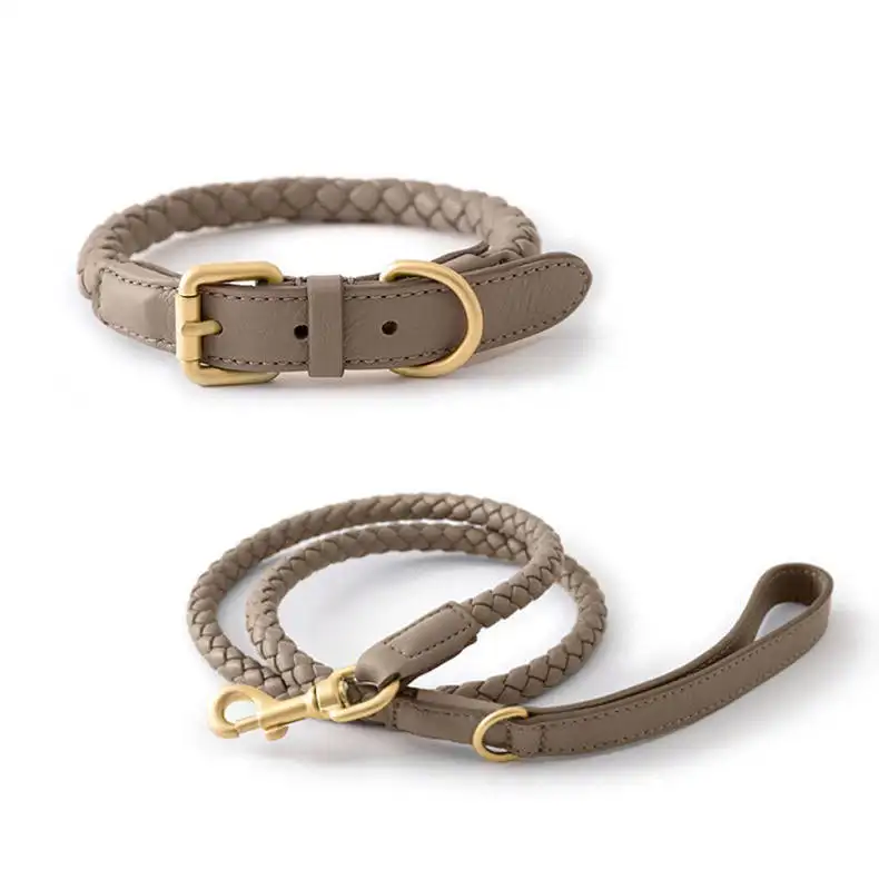Popular Luxo PU Couro Dog Collar Trançado Couro Dog Leash Ajustável Pet Dog Collar e Leash set pet coleiras