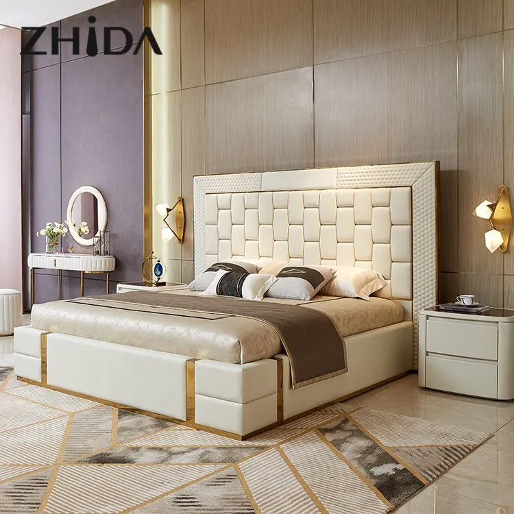 Fohu mobiliário, atacado nórdico quarto design cama móveis de luxo couro de madeira tamanho duplo cama king