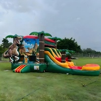   Structure gonflable combinée avec toboggan, château gonflable dinosaure avec toboggan aquatique et sec pour événements