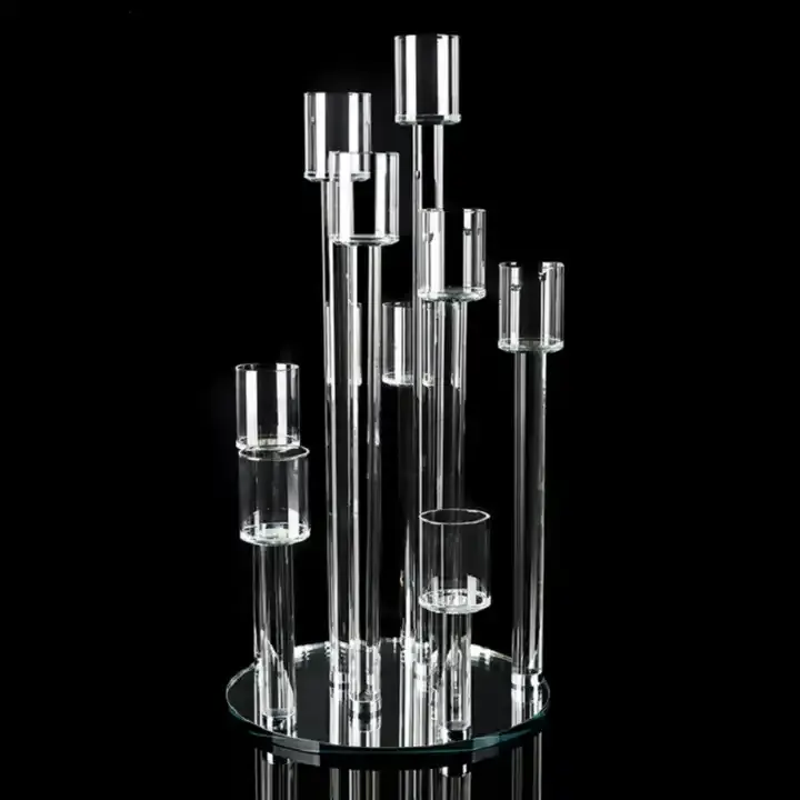 9 Arme Cups Crystal Solid Glass Tube Rod Unterstützte Votiv Kandelaber MH-Z0337